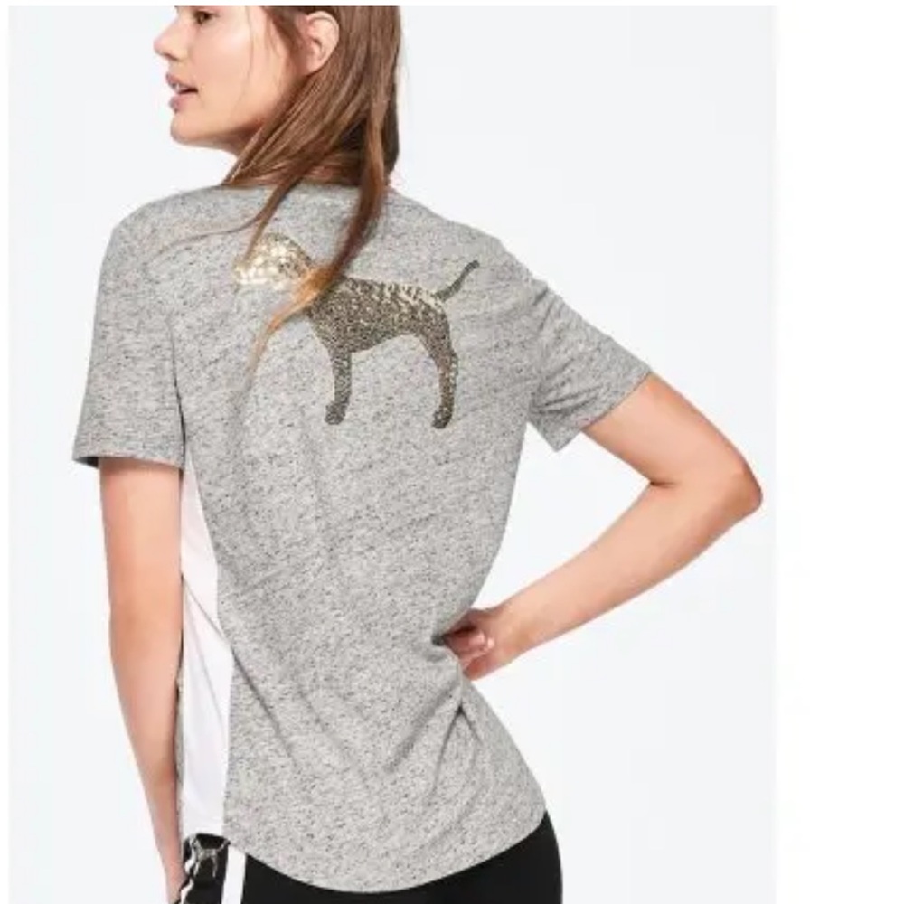 This item is a grey Victoria's Secret PINK V-neck t-shirt featuring a large gold